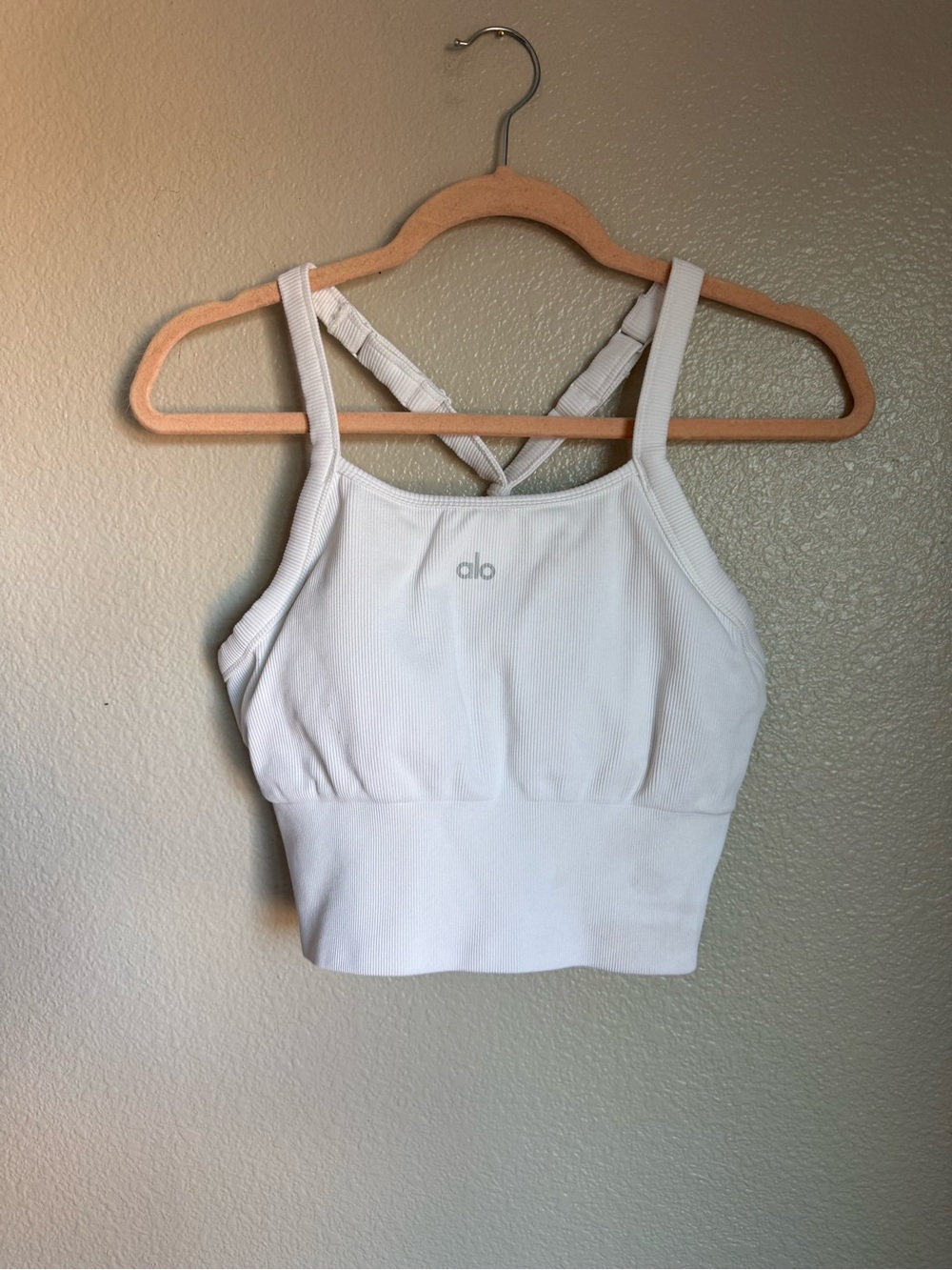 ALO Yoga White Ribbed High-Neck Sports Bra with Crisscross Straps